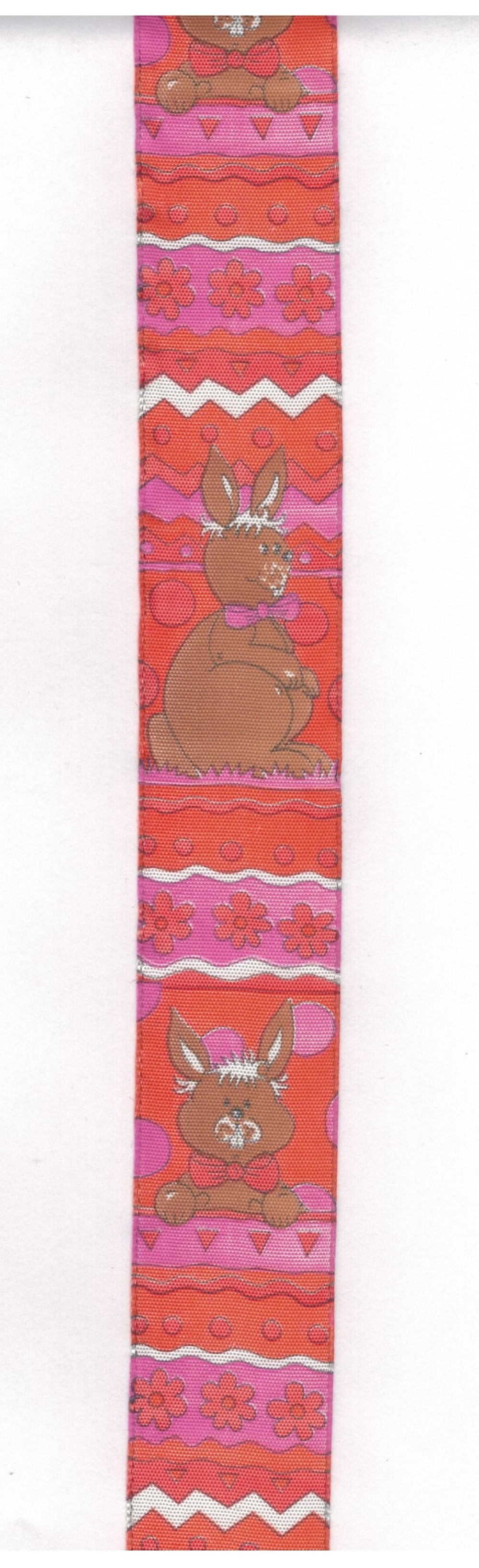 Geschenkband mit Drahtkante, 4 cm breit, braune Hasen auf orange/pinkem Grund