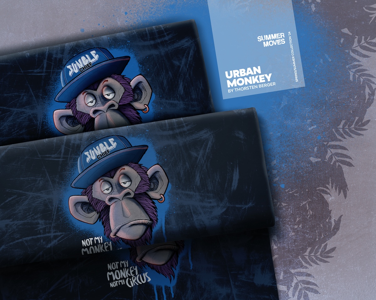 Baumwolljersey Panel - Urban Monkey blau- 85x160cm