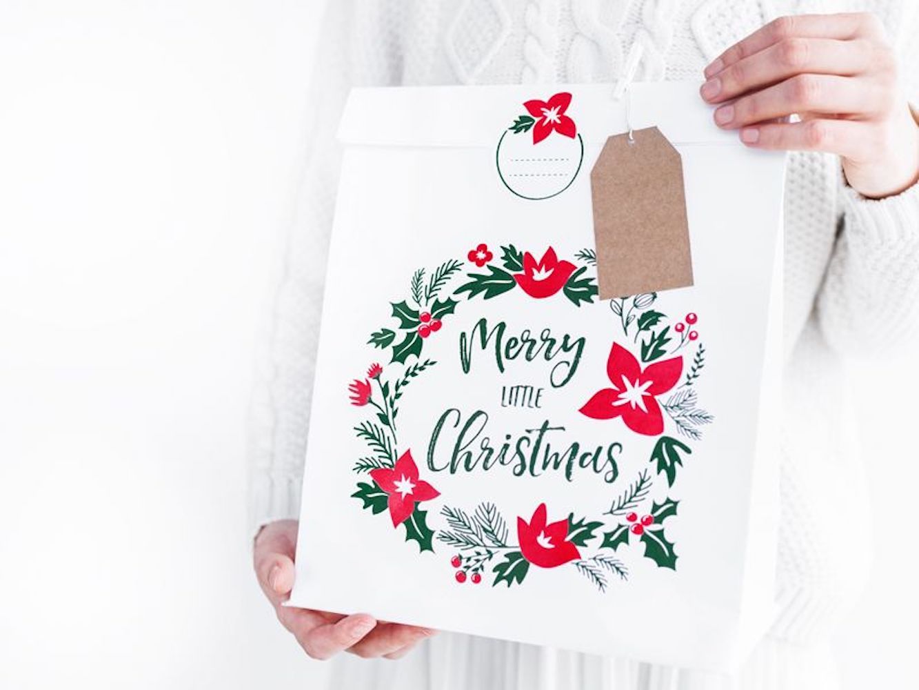 Geschenktüte Merry Little Christmas, weiß, 25 x 27 x 11 cm, mit Sticker - 3er Set