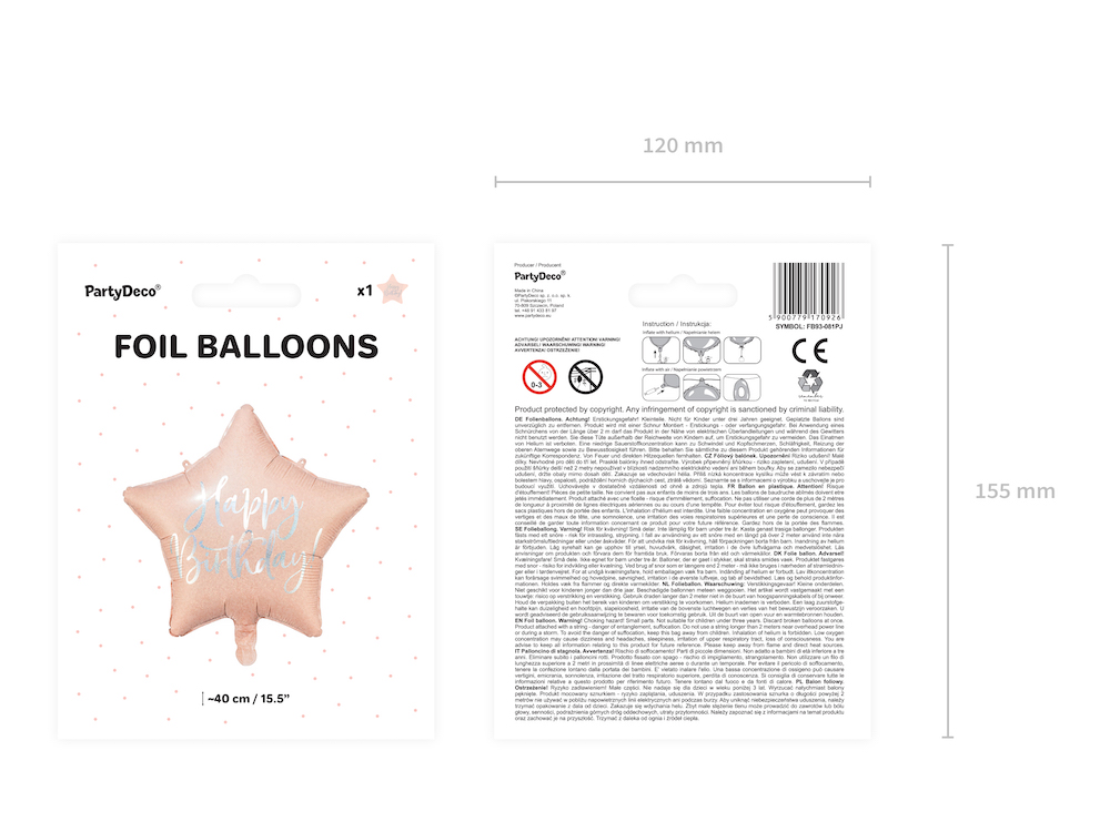 Folienballon Happy Birthday, 40cm, hell-puderrosa, Stern, 1 Stück