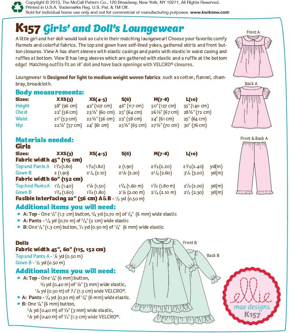 KwikSew® Papierschnittmuster Mädchen & Puppen Schlafanzug K157 Größe 3-10
