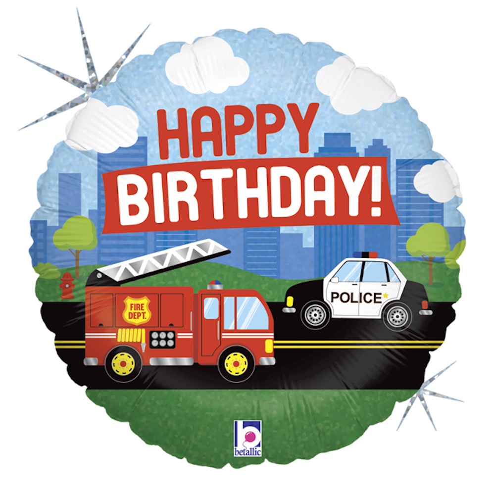 Folienballon rund - Happy Birthday Feuerwehr & Polizei - 46cm