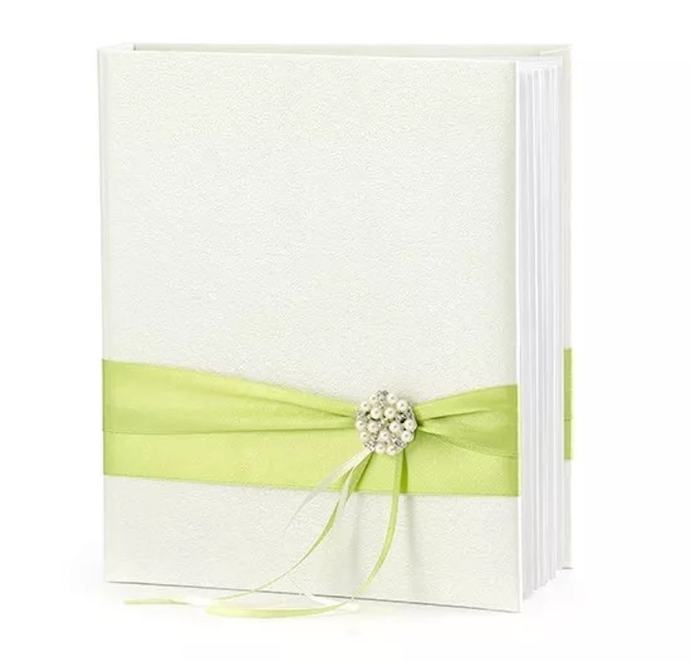 Gästebuch grünes Band und Perlen, weiß, 20 x 23cm, 45 Seiten