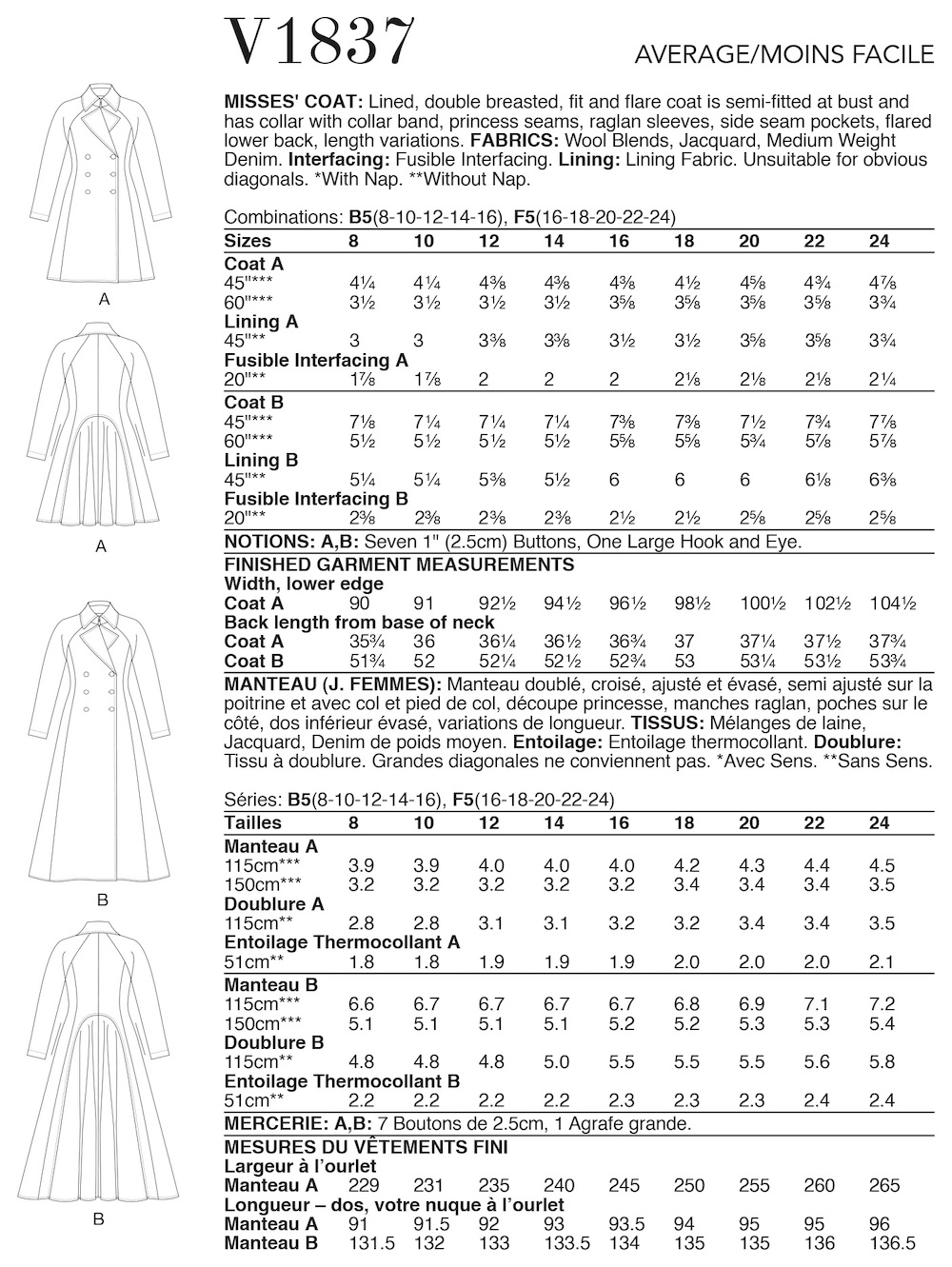 Vogue® Patterns Papierschnittmuster Damen - Mantel - V1837