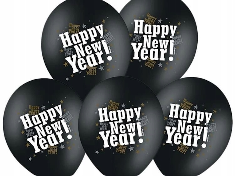 6 Latexballons - Happy New Year schwarz/weiß - 30cm