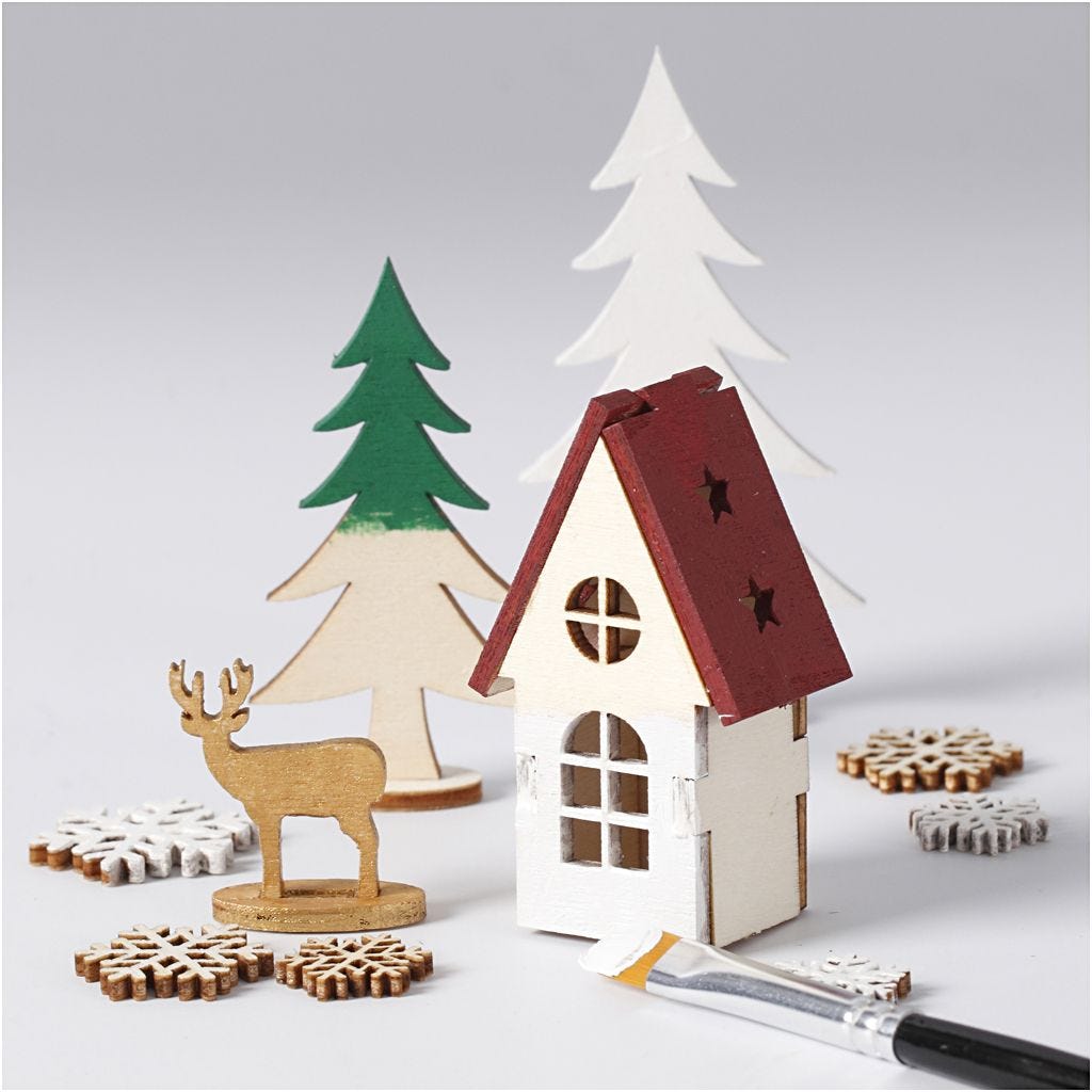 Zusammensteckbare Holzfiguren, Haus, Baum, Hirsch, L: 15,5 cm, B: 17 cm, 1 Pck