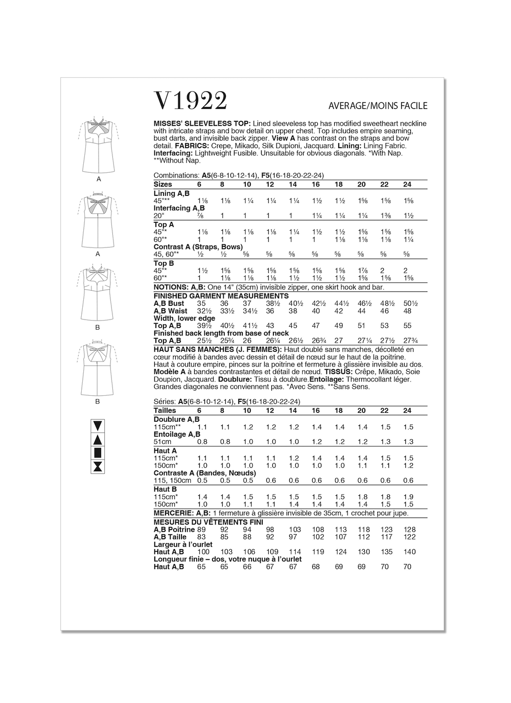 Vogue® Papierschnittmuster Oberteil Damen V1922