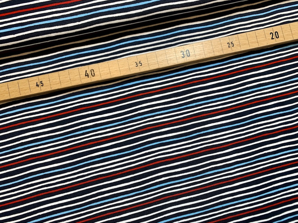 Baumwolljersey - Mini-Streifen dunkelblau/weiß/rot/hellblau - Meterware (10cm)