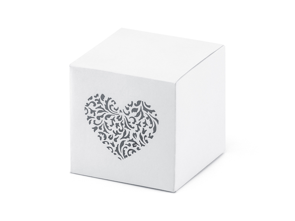 Boxen quadratisch mit Ornamentherz, weiß-perlmutt, 5x5x5cm, 10 Stück