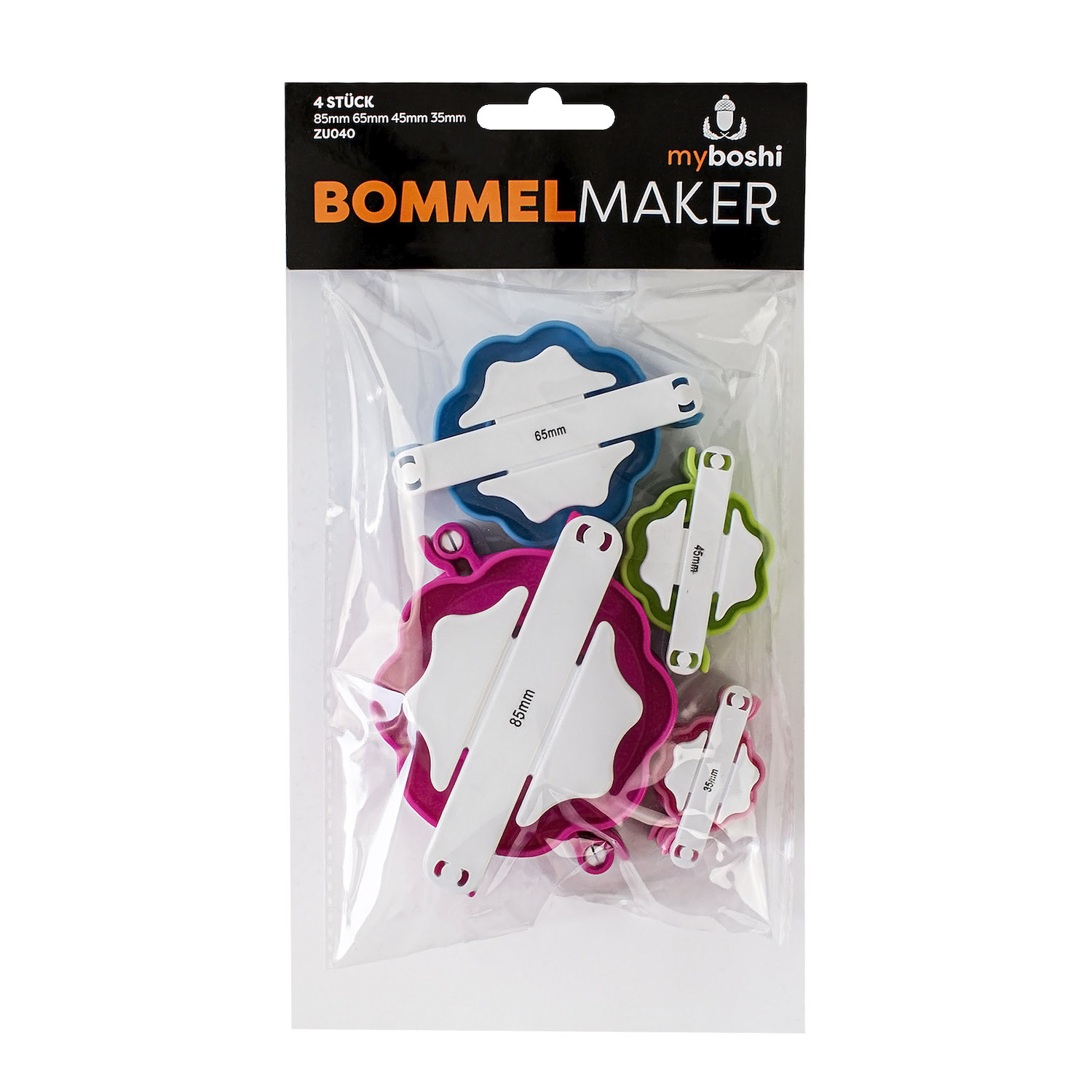 Bommelmaker-Set, Durchmesser 3,5 cm, 4,5 cm, 6,5 cm und 8,5 cm