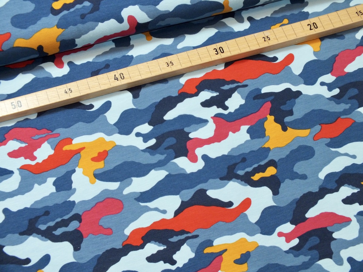 Baumwolljersey - Camouflage bunt blau - Meterware (10cm)