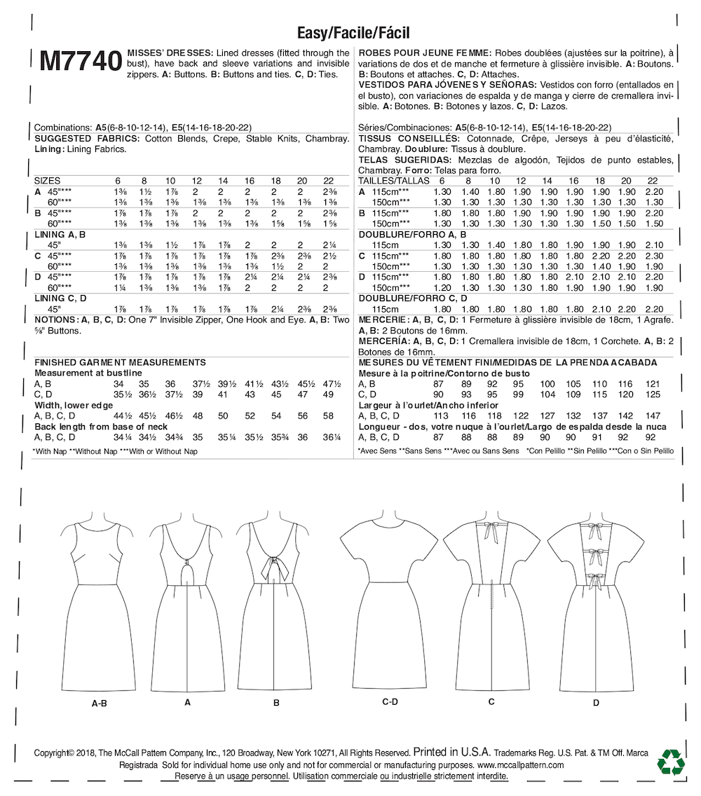 McCall's® Papierschnittmuster Damen Kleid verschiedene Rückenvarianten E5(14-16-18-20-22)(40-42-44-46-48) M7740