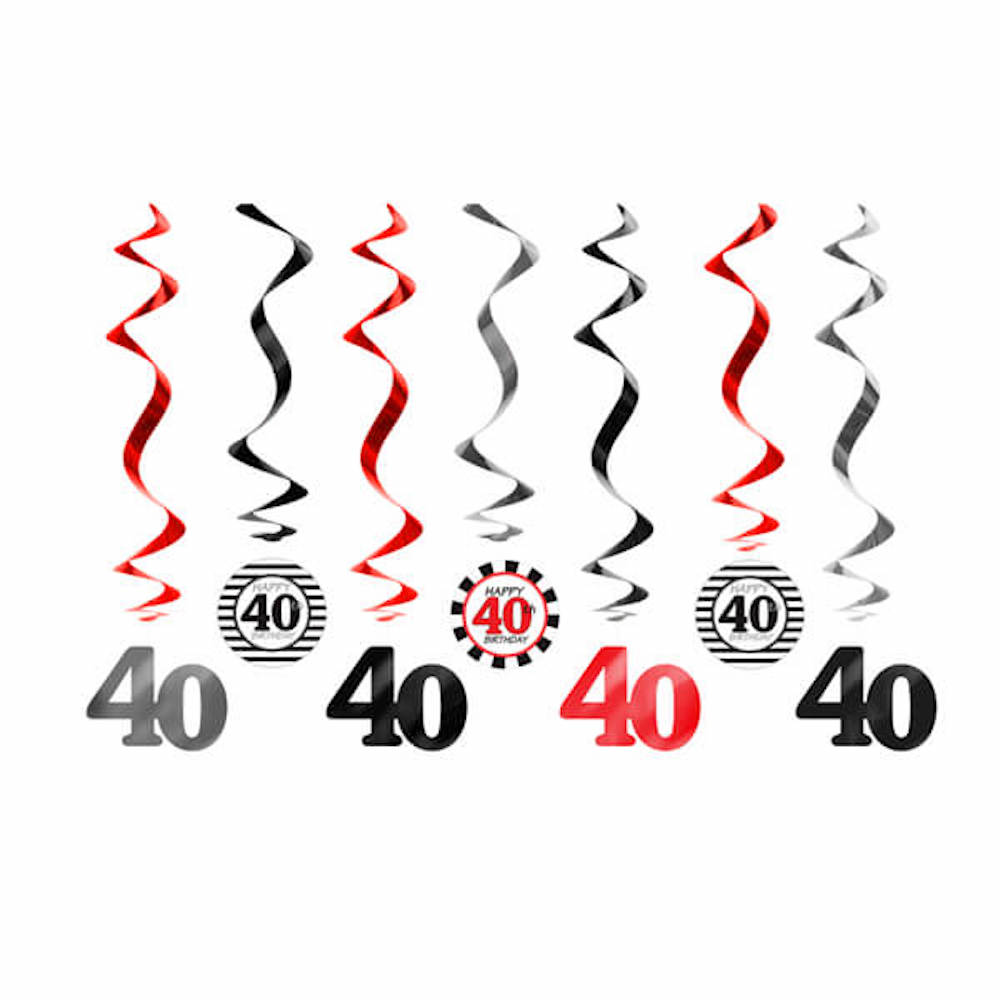 Swirls zum 40. Geburtstag, rot/schwarz, 7 Stück, 60cm