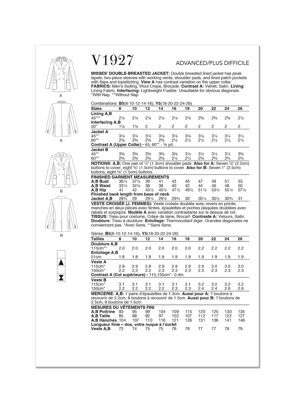 Vogue® Patterns Papierschnittmuster Damen doppelreihiger Blazer V1927