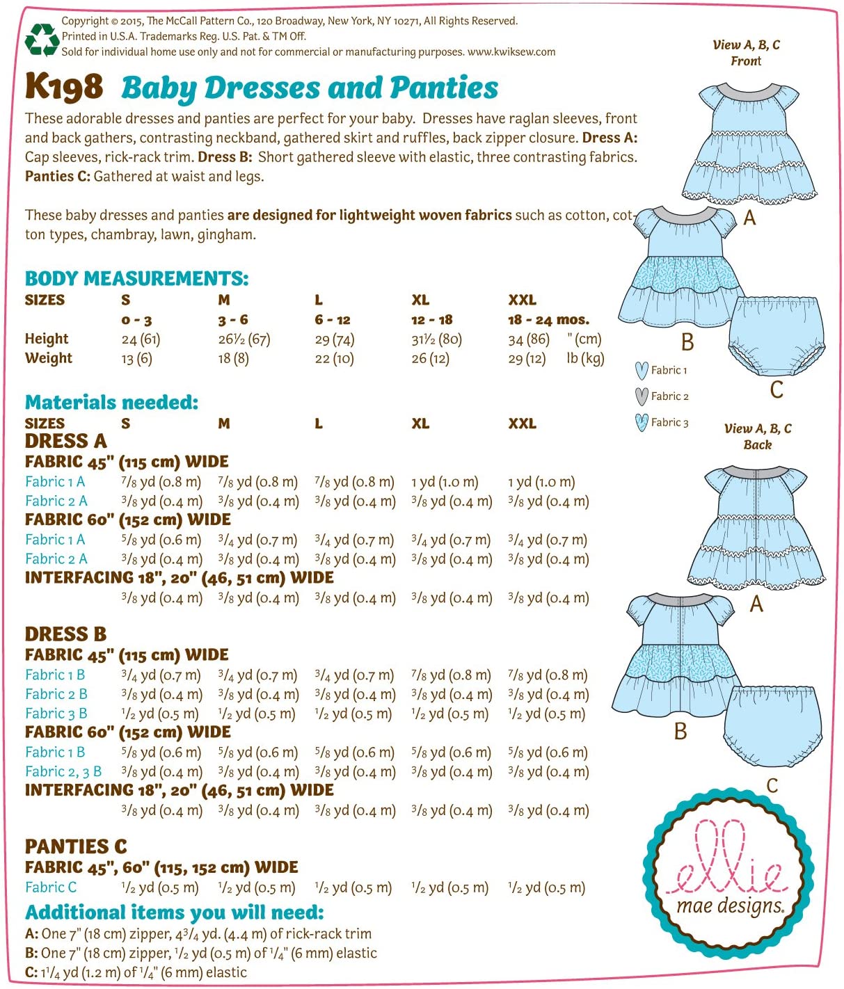 KwikSew® Papierschnittmuster Baby Kleid und Höschen K198, Größe 0-24 Monate