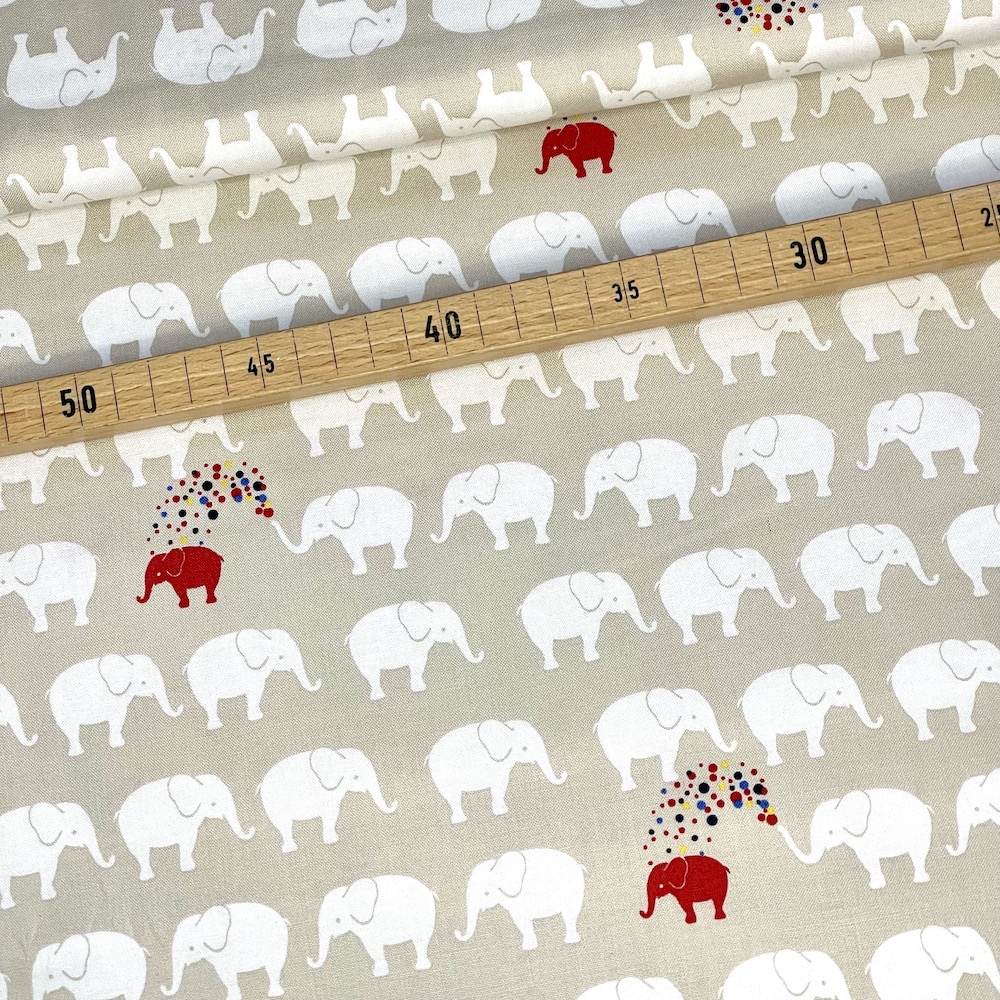 Baumwollstoff Webware Circus Elefanten rot/beige B:145cm - Meterware (10cm)