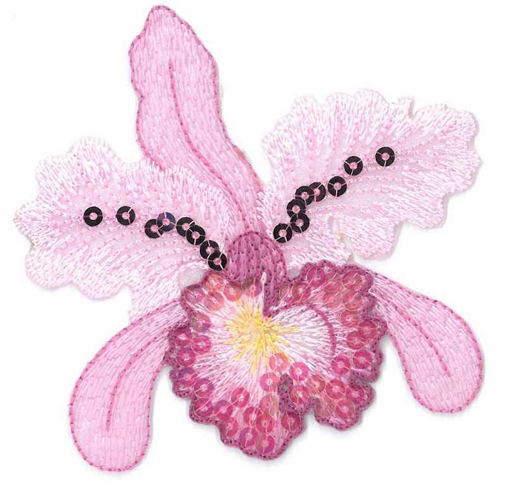 Applikation - aufbügelbar, Orchidee lila groß mit Pailletten, 9,5x9,5cm, 1 Stück