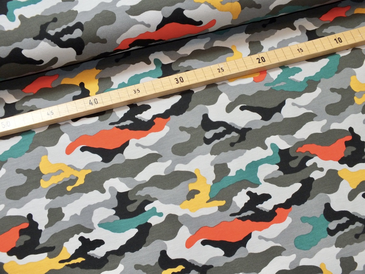 Baumwolljersey - Camouflage bunt grau - Meterware (10cm)