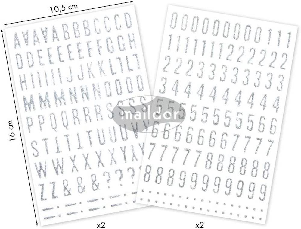 Maildor, Sticker Glitty, A6, 2 Bogen 10,5x16 cm, Alphabet/Ziffern, 228 Sticker