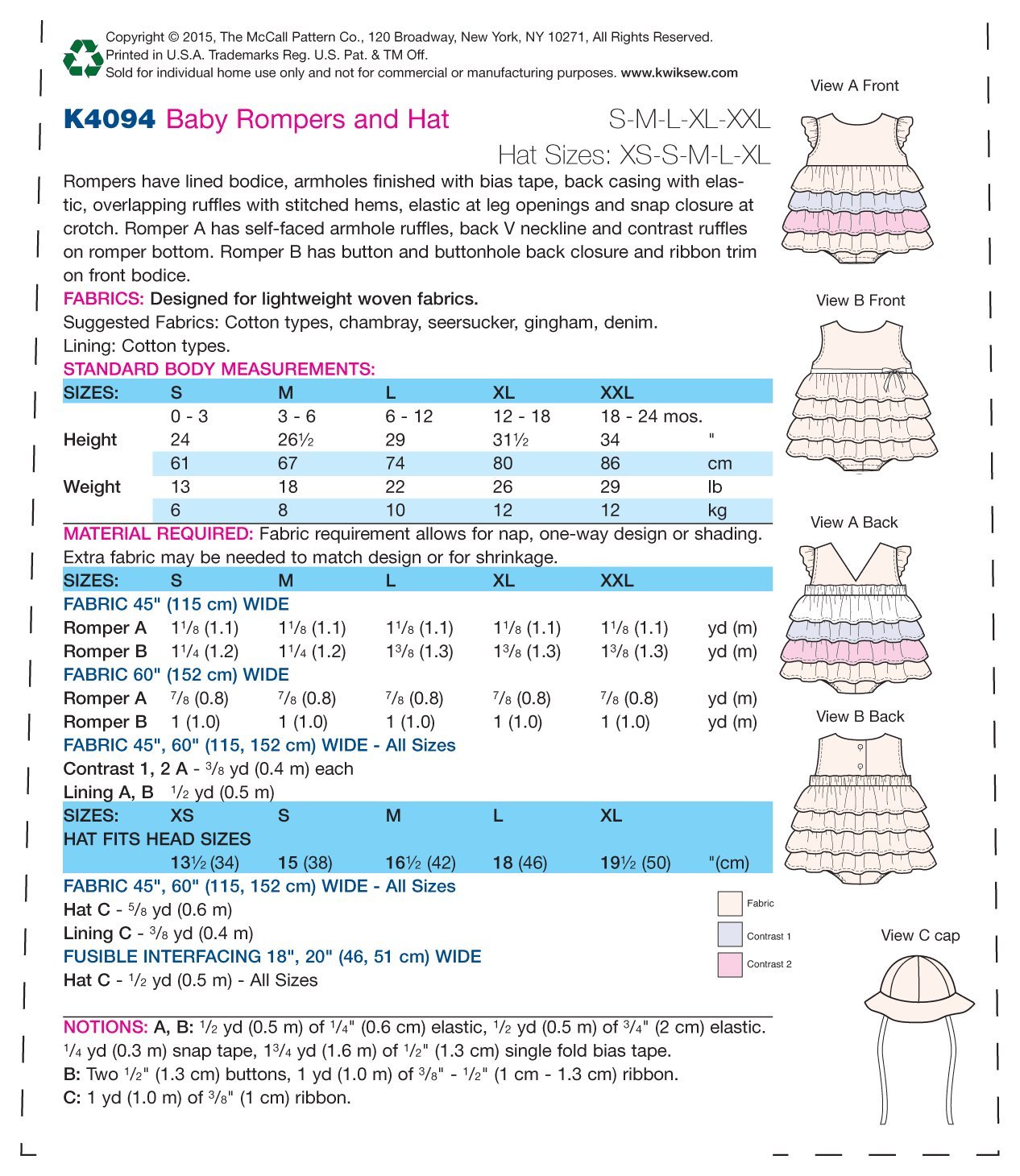 KwikSew® Papierschnittmuster Baby Romper & Hut K4094, Größe 0-24 Monate