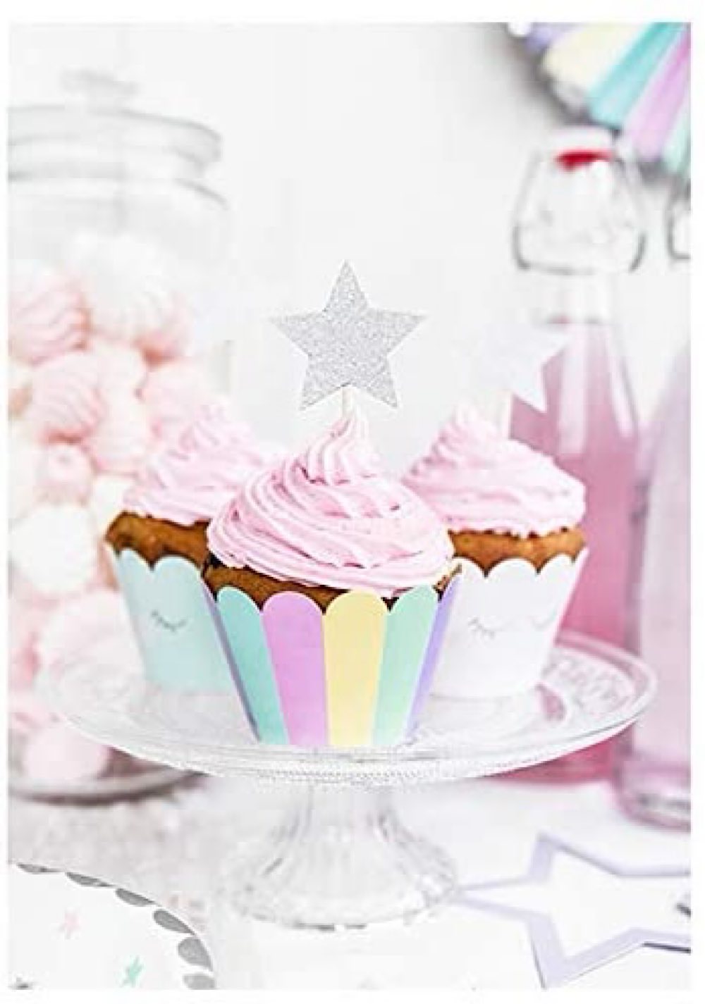 6 Cupcake Topper Sterne, Glitzer Silber - Unicorn/Einhorn
