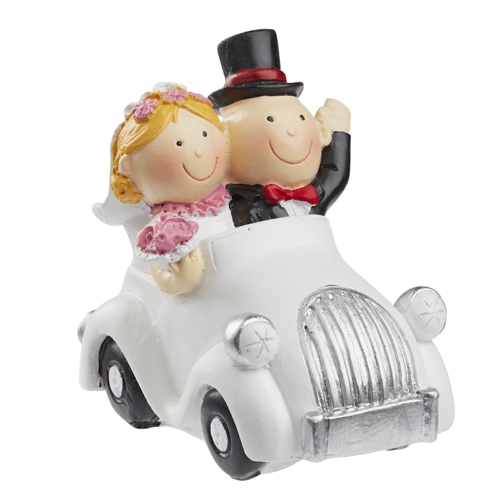 Brautpaar Hochzeitspaar im Auto, ca. 7 x 4 cm, Polyresinfigur