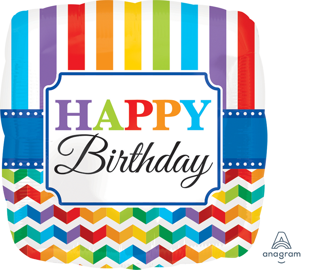 Folienballon rund - Happy Birthday Brigt Stripe & Chevron - 43cm