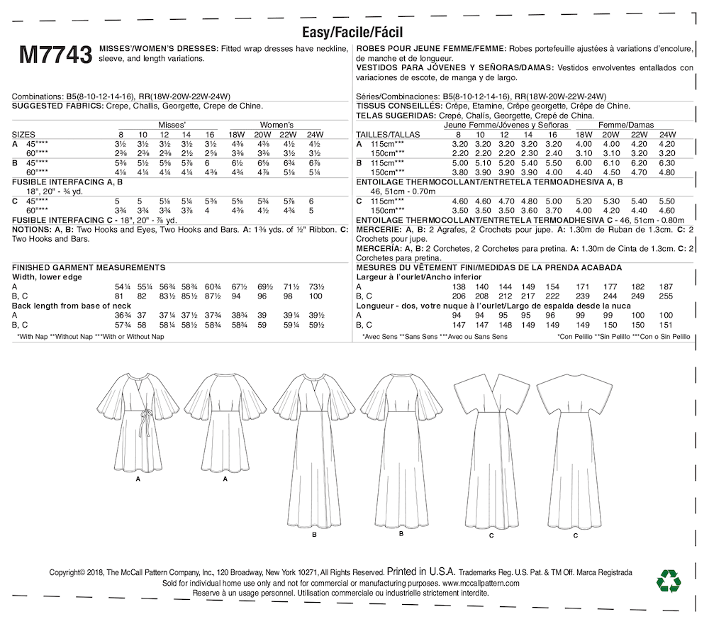 McCall's® Papierschnittmuster Damen Kleid Wickelkleid RR(18W-20W-22W-24W)(44-46-48-50) M7743