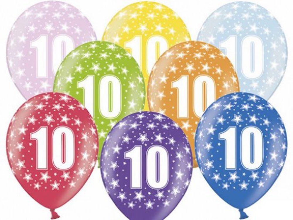 6 Latexballons - Geburtstagszahl 10 bunt - 30cm