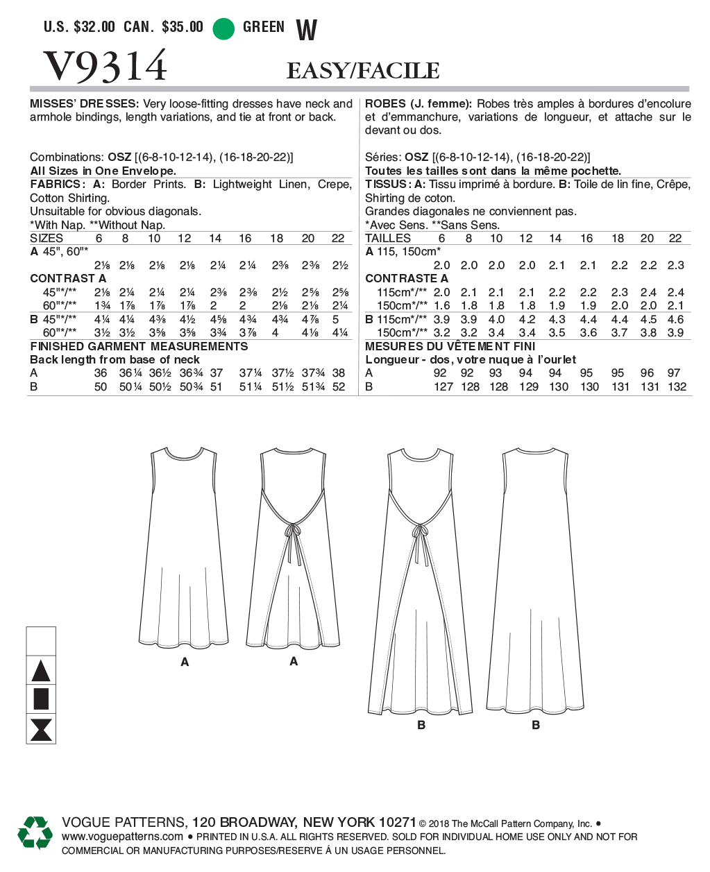 Vogue® Patterns Papierschnittmuster Kleid V9314, Größe OSZ