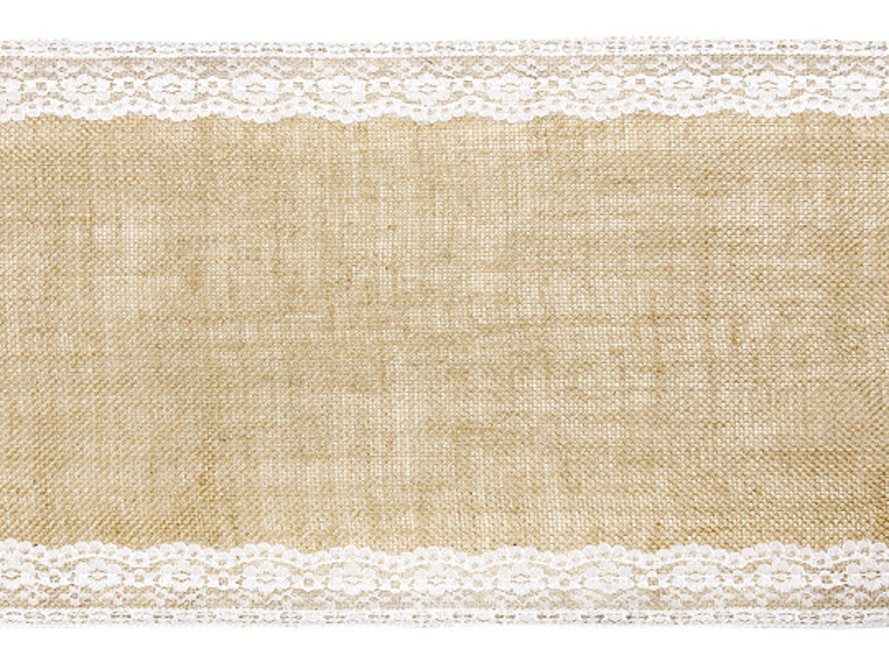 Juteband mit weißer Spitze an beiden Rändern, Breite ca. 28 cm, Länge ca. 2,75m, Läufer Tischband Stuhlschleife